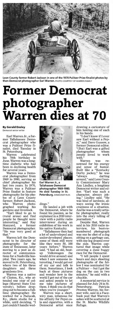 Clipping of The Tallahassee Democrat Obituary for Earl published on July 17, 2014